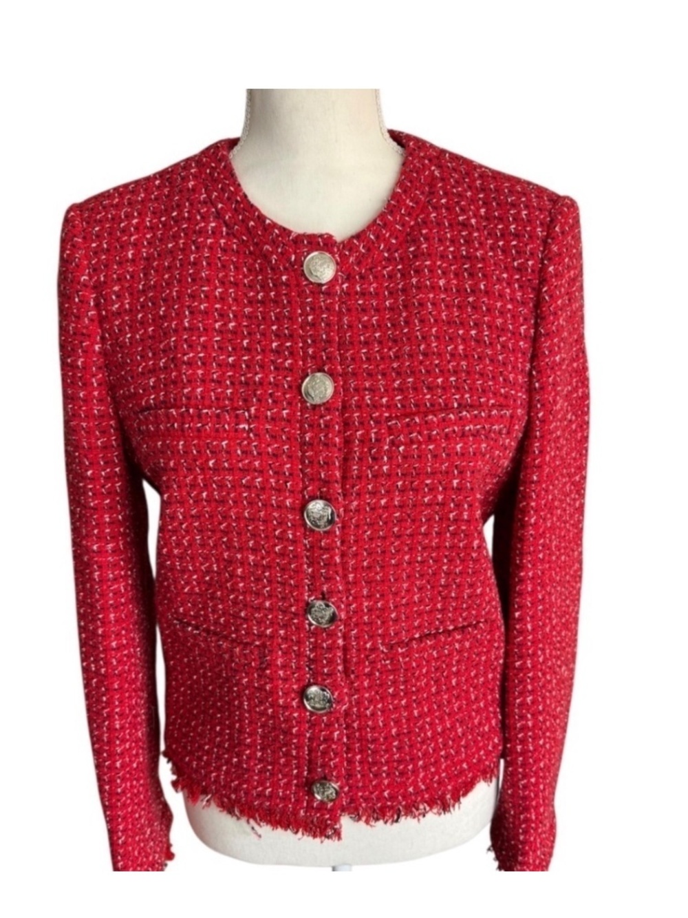 Claudie Pierlot Paris Red Tweed Boucle Fringe Jacket Blazer Size 8 NWT - Picture 13 of 15